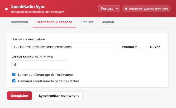 Onglet Destination et cadence