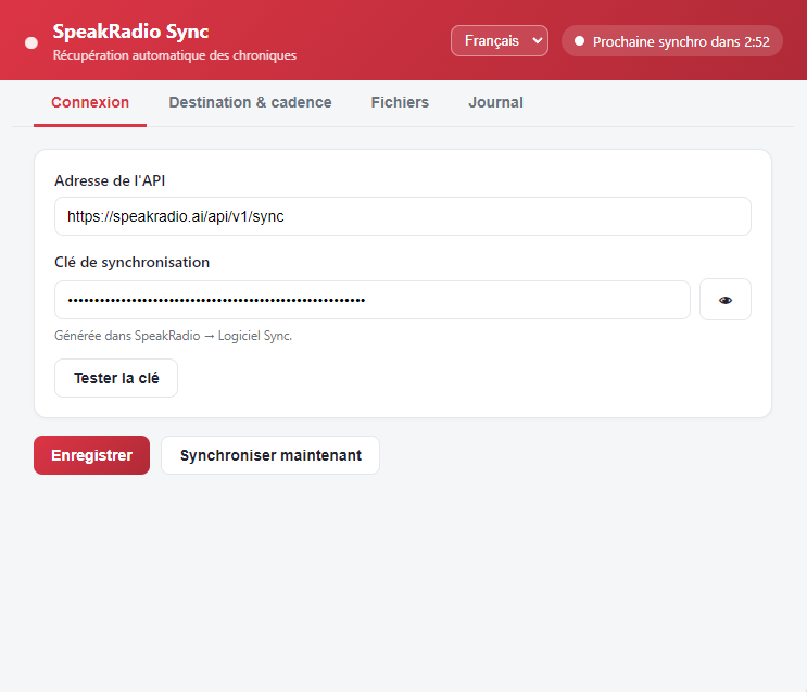 Onglet Connexion du logiciel SpeakRadio Sync